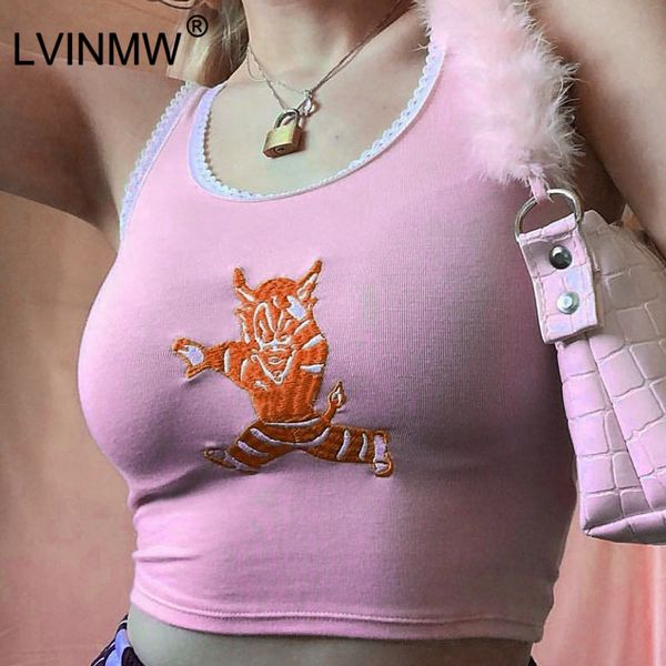 

lvinmw monster embroidery lace crop 2019 summer women o-neck sleeveless skinny tank female streetwear tee, White