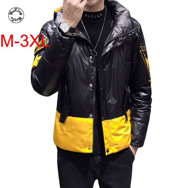 

school student white duck down new shiny hooded winter coats boy's printed handsome leisure down coat, Black