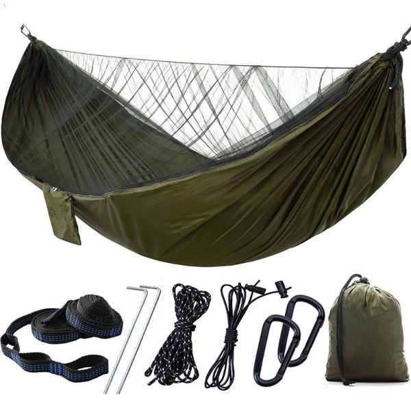 

portable 2 person outdoor camping hammock with mosquito net high strength auto speed parachute fabric hanging bed hunting swing