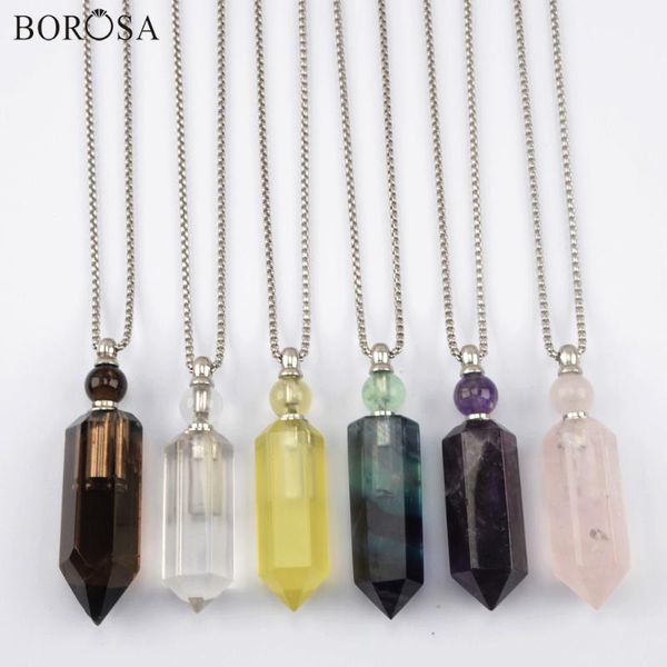 

borosa 3pcs natural crystal perfume bottle necklace fashion faceted fluorite amethysts essential oil diffuser necklace wx1508, Silver