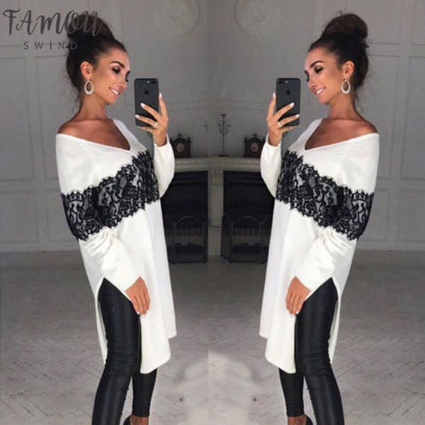 

arrival ladies women long sleeve casual knit t shirt 2020 new asymmetric lace patchwork loose tee shirt, White