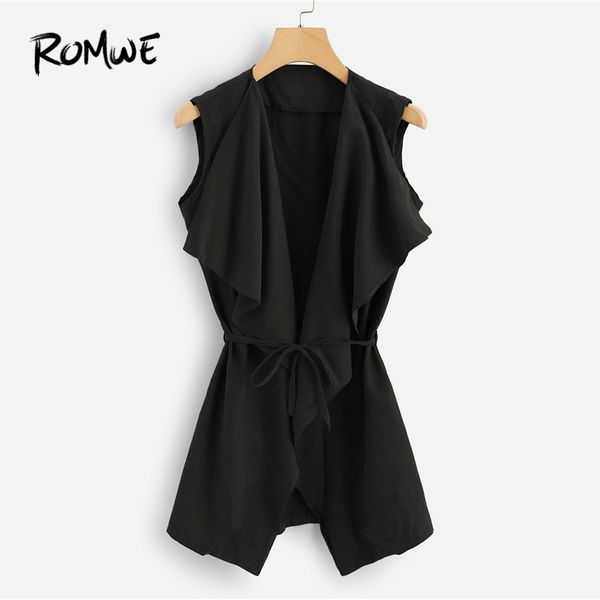 

self tie solid coat women fashion black sleeveless belted vest 2019 waterfall womens clothing summer autumn vest, Black;white