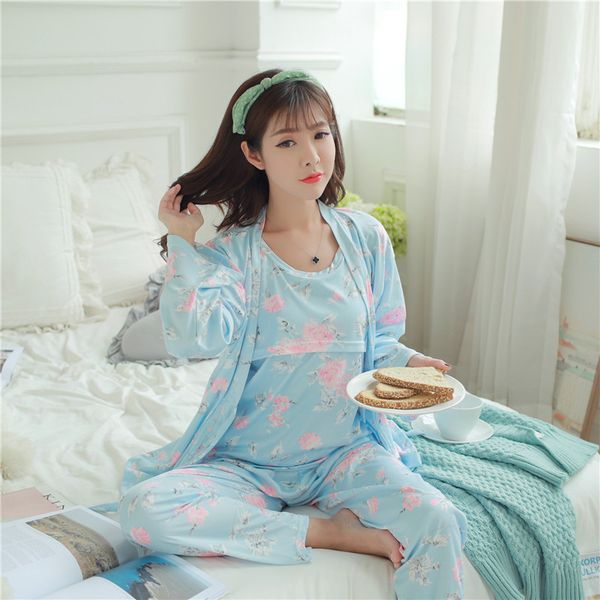 

autumn winter pregnant women long sleeved pajamas thickening cotton maternity clothing maternity clothing three piece suit set, Blue;gray