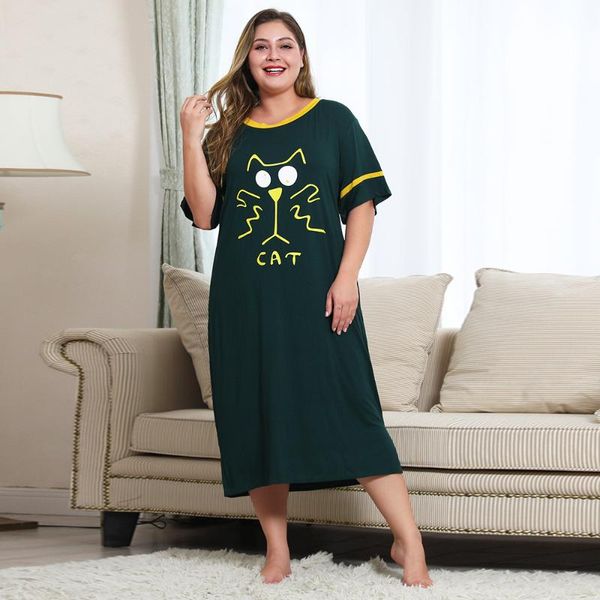 

siskakia plus size midi dress home wear casual contrast color o neck half sleeve cartoon cat print sleepwear summer side split, Black;gray