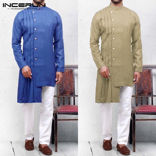 

incerun muslim clothing men casual long shirt solid stand collar long sleeve asymmetric hem kaftan mens blouse hombre 5xl, White;black