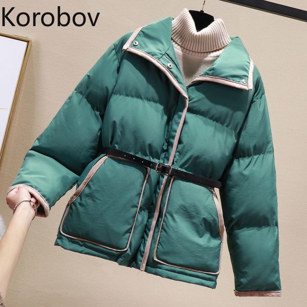 

korobov korean hit color patchwork women winter warm coats long sleeve sashes slim pockets jackets parkas outwear 79117, Black