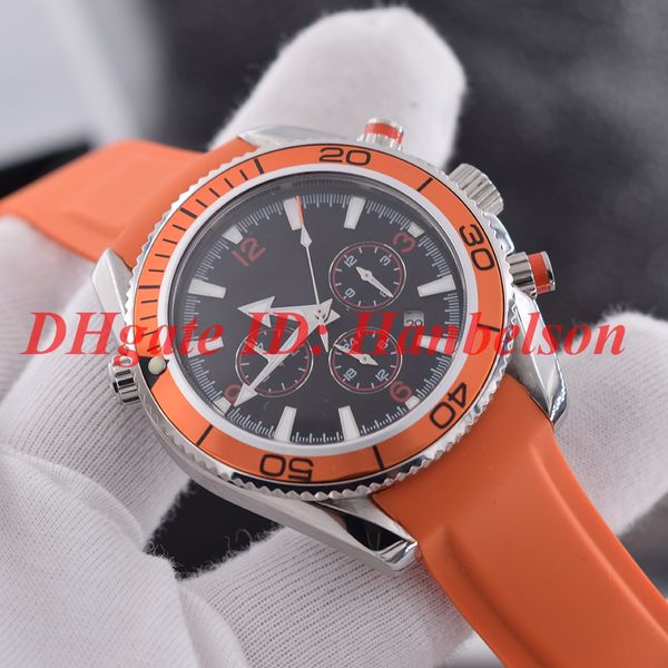 

Новый спортивный кварцевый механизм Мужские часы Хронограф Оранжевый резиновый