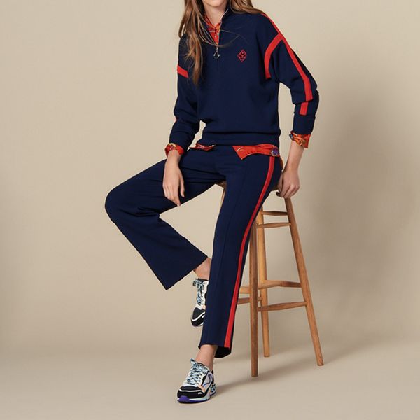

2019 fall and winter sports style women casual knitted sweater coat+side striped women long pant suit, Black;white