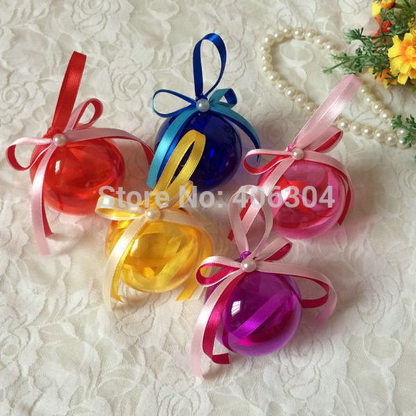 

6cm transparent hanging christmas candy ball box with ribbon,red,pink,purple,blue,yellow clear plastic round ball