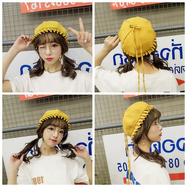 

beret female trendy new spring and summer korean version lotus leaf bud guapi hat harajuku long braid butterfly tie hat, Blue;gray