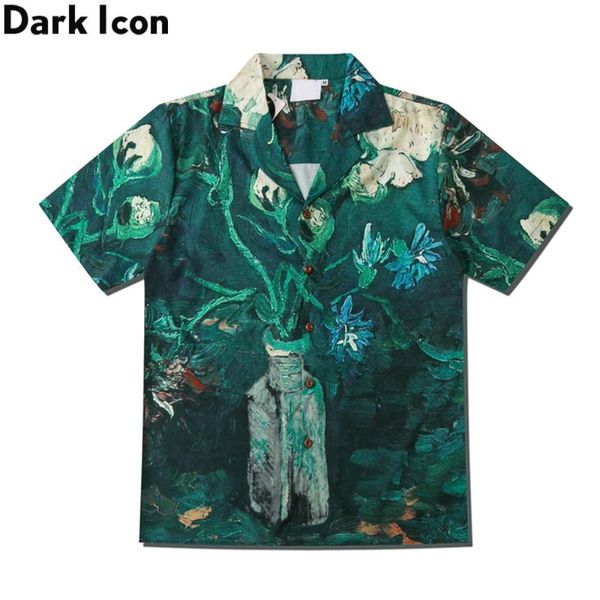 

dark oil painting vintage shirts men summer cube street men's shirt turn-down collar shirts for men, White;black