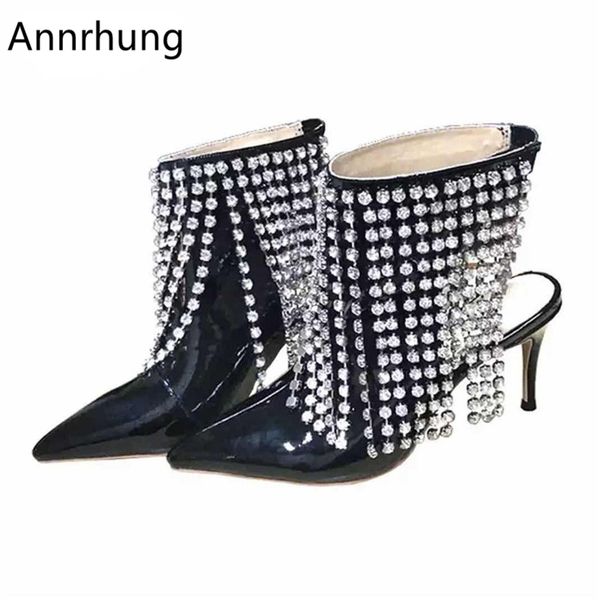 

crystal fringe summer ankle boots women high heels elastic band pointed toe rhinestone tassel short booties de mujer, Black
