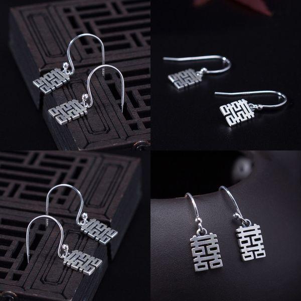 

925 s silver double happiness word earrings hollow out written words antique court concise do used in national customs earring, Golden