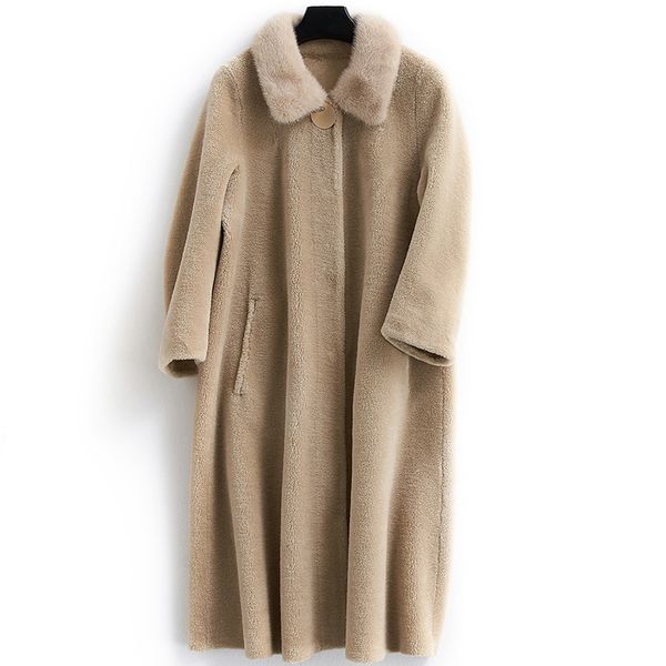

real fur coat mink fur collar 100% wool jacket autumn winter coat women clothes 2020 korean sheep shearling suede lining zt3597, Black