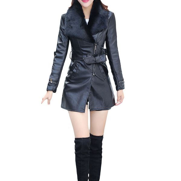 

2018 winter black faux fur collar women jackets coats pu leather jacket slim clothing zipper black long ladies outwear, Black;brown