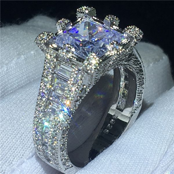 Anel da corte vintage de Vecalon 925 Sterling Silver Princess Cut Diamond noivado Banda de casamento Rings para homens jóias de dedos