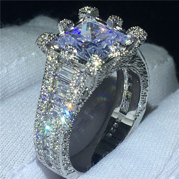 

vecalon vintage court ring 925 sterling silver princess cut diamond engagement wedding band rings for women men finger jewelry, Slivery;golden