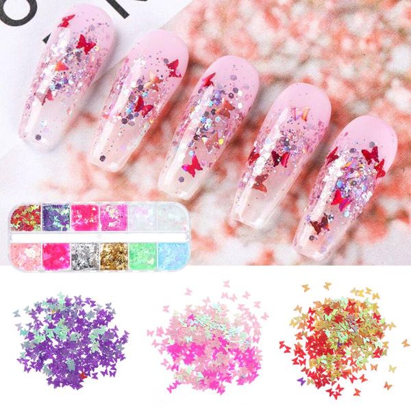 

nail glitter 12 grid/set sparkly 3d butterfly holographic sequins flakes slices diy nails art salon polish manicure accessory, Silver;gold