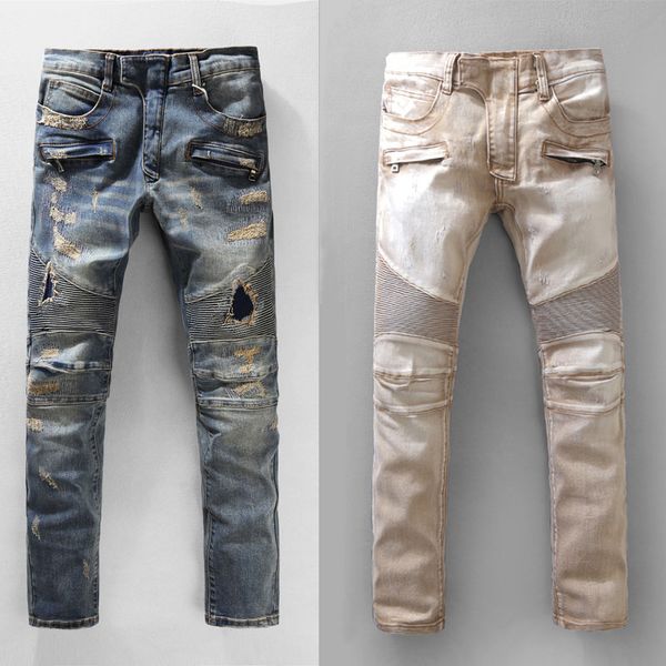 

2019 high street fashion men jeans destroyed ripped jeans men motor biker homme new pants, Blue