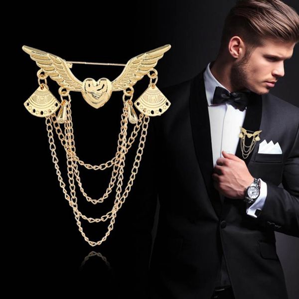 

европа новые vintage gold wing angle броши ювелирные изделия ретро кисточкой плетеный neck pin мужские костюмы брошь pins аксессуары подарки, Gray