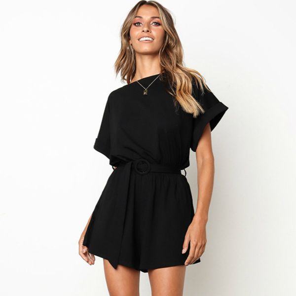 

peonfly short sleeve women rompers casual loose wide leg slim female o neck sashes solid color jumpsuit shorts 2019 summer, Black;white