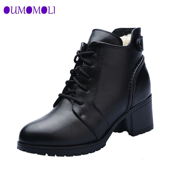 

2019 fashion genuine leather ankle boots women winter wool warm boots black thick high heel leather boot shoes j324