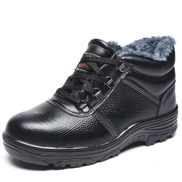 

warm plush winter safety boots plus size men steel toe caps work boot soft leather cotton security shoes platform ankle snow man, Black