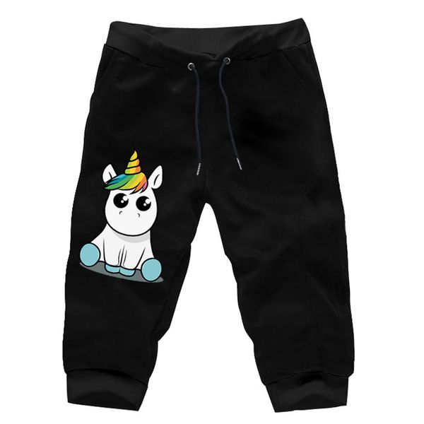 

unicorn print baggy 7 minutes of trousers cotton haroun pants men's casual calf-length pants fashion cropped trousers, Black