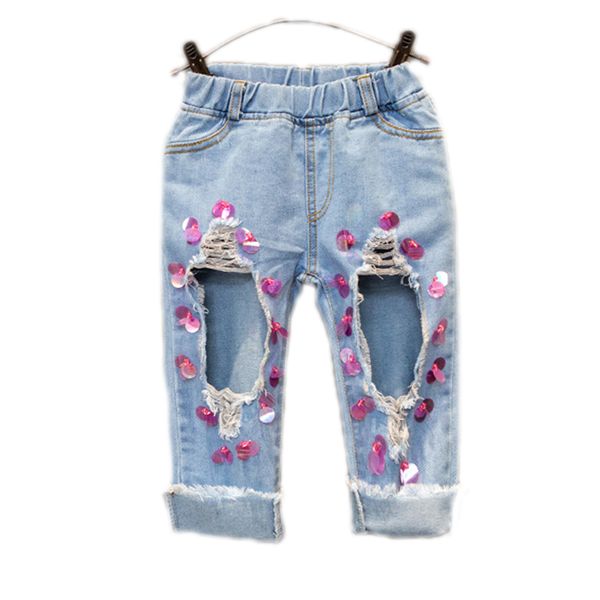 

jeans for baby 2019 new baby girl trouser children big hole solid jeans sequins ripped for kids toddler girls denim pants, Blue