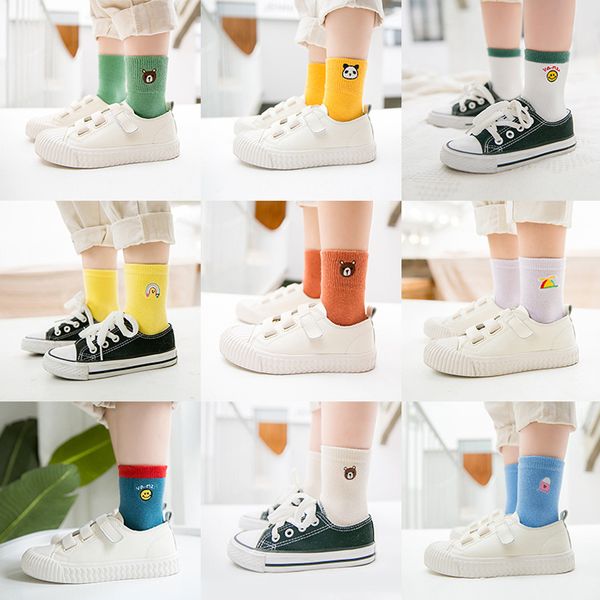 

kids fall socks cartoon animal embroidery ankle sock cotton cartoon stripe casual sock breathable student socks, Pink;yellow