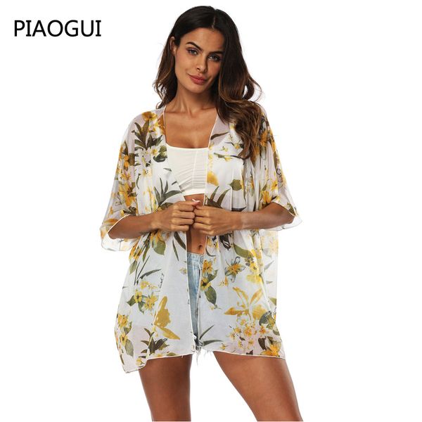 

2019 summer women casual sunscreen blouses ladies beachwear chiffon shirts women loose floral printed blouse thin, White