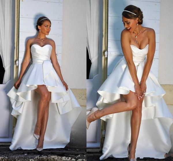 

2020 elegant high low satin a line short beach wedding dresses sweetheart ruched zipper back summer bridal gowns for bride, White