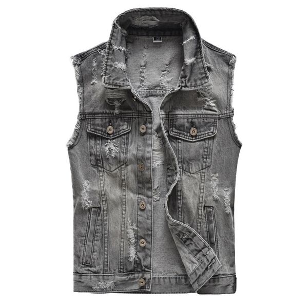 Idopy Uomo Hi Street Distrutto Denim Gilet Con Fori Strappato Senza Maniche Giacca di Jeans Maschile Distressed Gilet Plus Size M-5XL