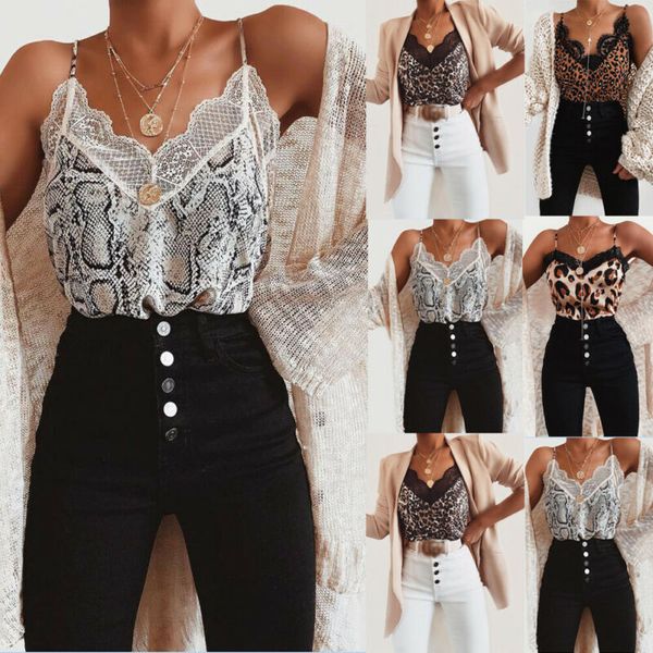 

women summer lace vest leopard sleeveless strap v neck casual tank satin, White
