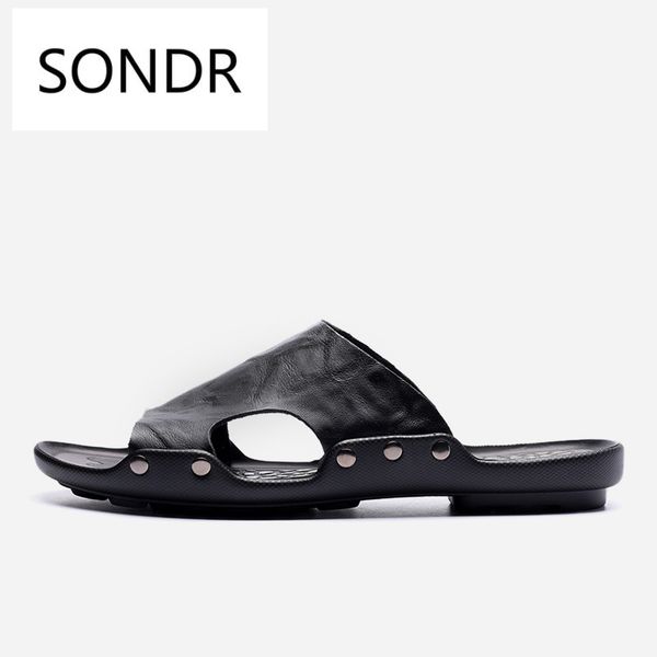 

plus size genuine leather men slippers 2018 casual handmade summer flip flops shoes #6022, Black