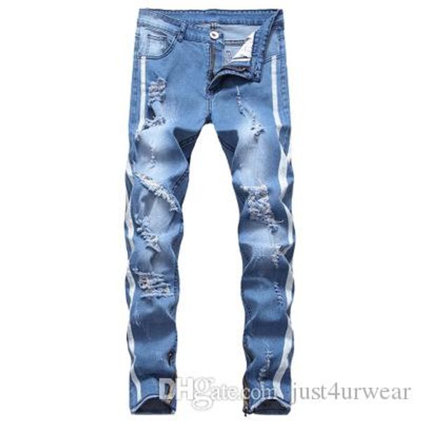

mens new fashion ripped jeans hollow out printed beggar cropped fit pants male cowboys demin pants, Blue