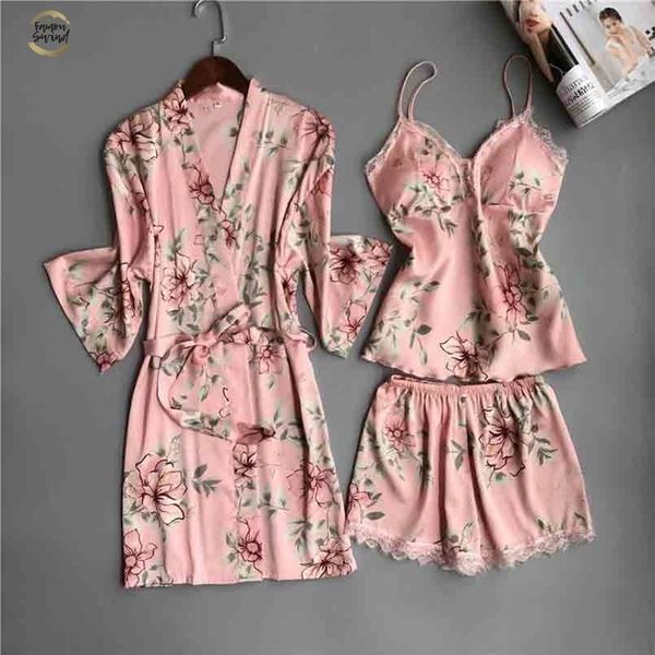 

women nighties pajamas satin sleepwear pijama silk home wear lace home robe chest pads sleep lounge pyjama pink white 3 pieces, Black;red