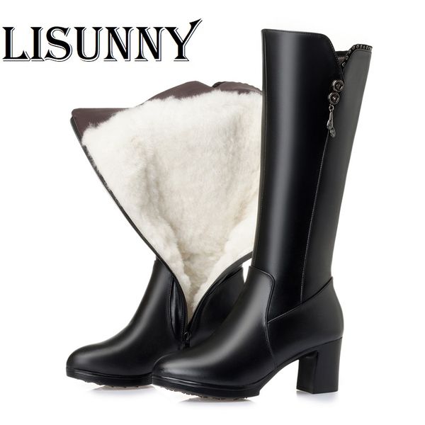 

women long boots 2020 genuine leather female winter boots thick warm wool trend women motorcycle shoes high heel, Black