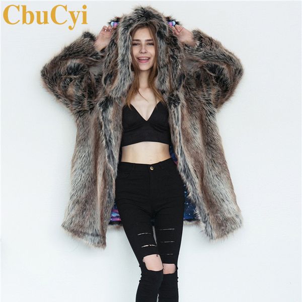 

cbucyi fashion winter women's clothing long jackets coats animal ear hooded faux fur coat female warm thick overcoat plus size, Black