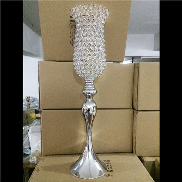 

tall silver beaded crystals trumpet floral vase wedding centerpiece 27" tall-crystal candle holder
