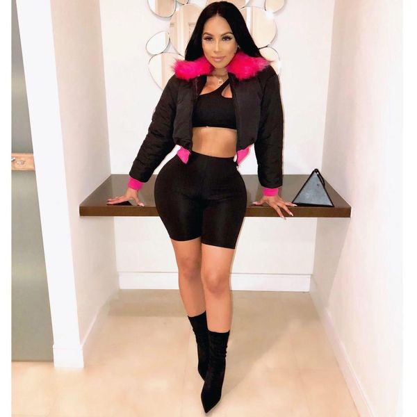 

fashion winter women crop bubble jacket solid faux fur collar coat overcoat, Black