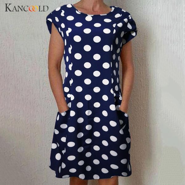 

kancoold dress women casual dotted ruffled pockets o-neck dress summer shift daily buttoned-decor new women 2019apr2, Black;gray