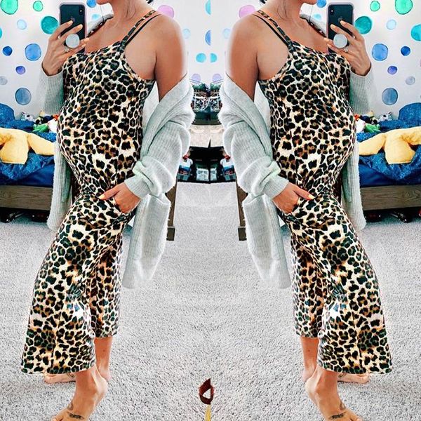 

leopard print clothing for pregnant woman summer sleeveless maternity jumpsuits v-neck pregnancy pants trousers with pocket d30, White