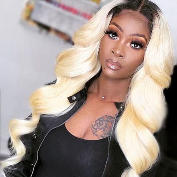 

1b613 ombre blonde wavy human hair full lace wigs with baby hair 180 density blonde human lace front wigs transparent, Black;brown