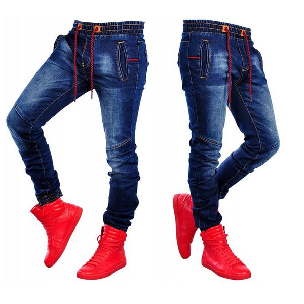 

fashion skinny mens jeans patchwork hole trousers with holes male denim pencil jeans zipper hip hop pants clothing streetwear, Blue