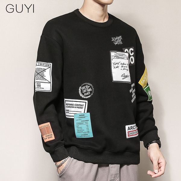 

guyi black patchwork label letter sweatshirts men grey long sleeve harajuku hoodies male fashion streetwear hip hop autumn hoody