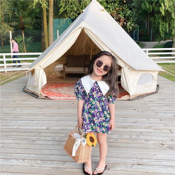 

2020 summer new baby girls lapel contrast flowers princess dress fashion floral dress children's clothing kids, Red;yellow