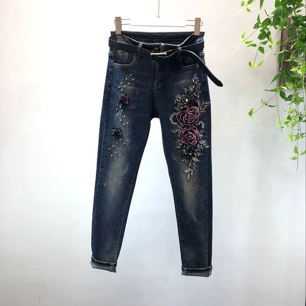 

ripped jeans for women full length pencil pants regular cotton zipper fly button appliques high waist pockets washed, Blue