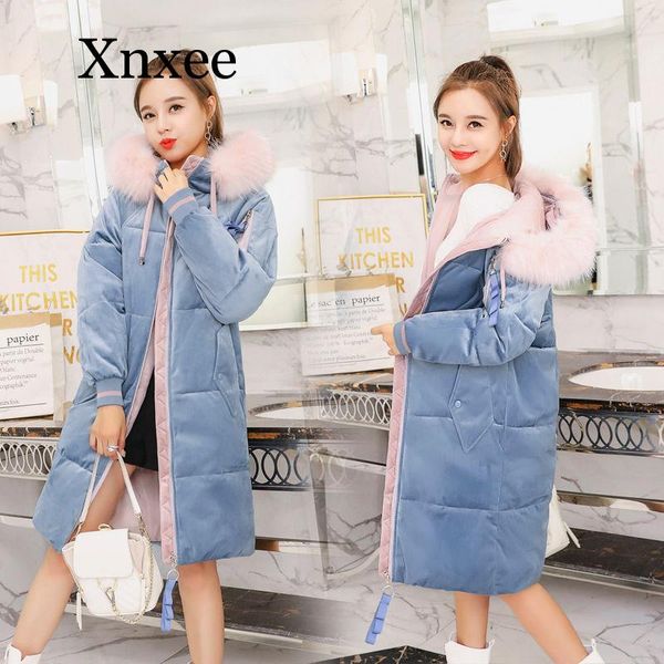 

2019 casual korean overcoat winter jacket women long thick warm parka female plus size velour hoodies fur collar coat, Black