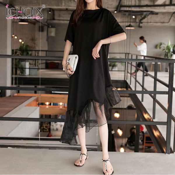 

ichoix 2020 spring summer plus size 5xl dress woman black color short sleeve o-neck long loose spliced pleated irregular dress, Black;gray